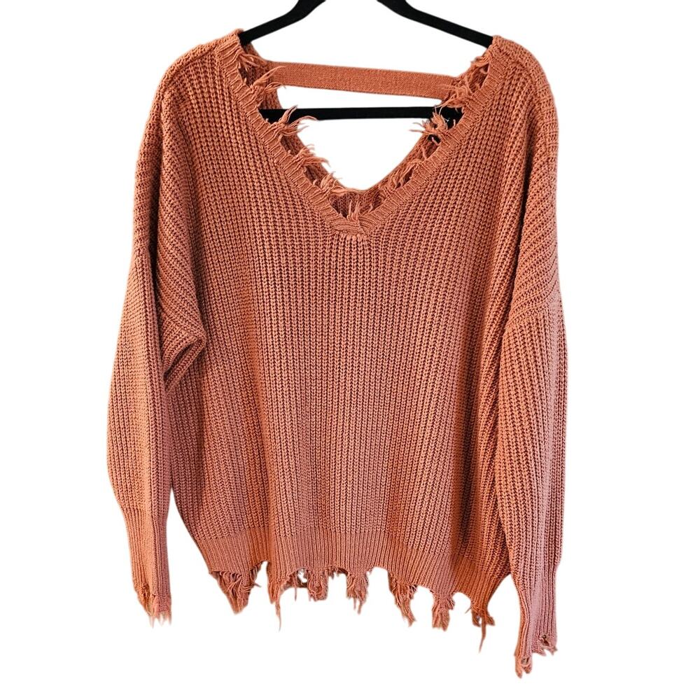Rue 21 Sweater Tattered Frayed hem V-Neck Rust Color Size Medium M Boho Hippie